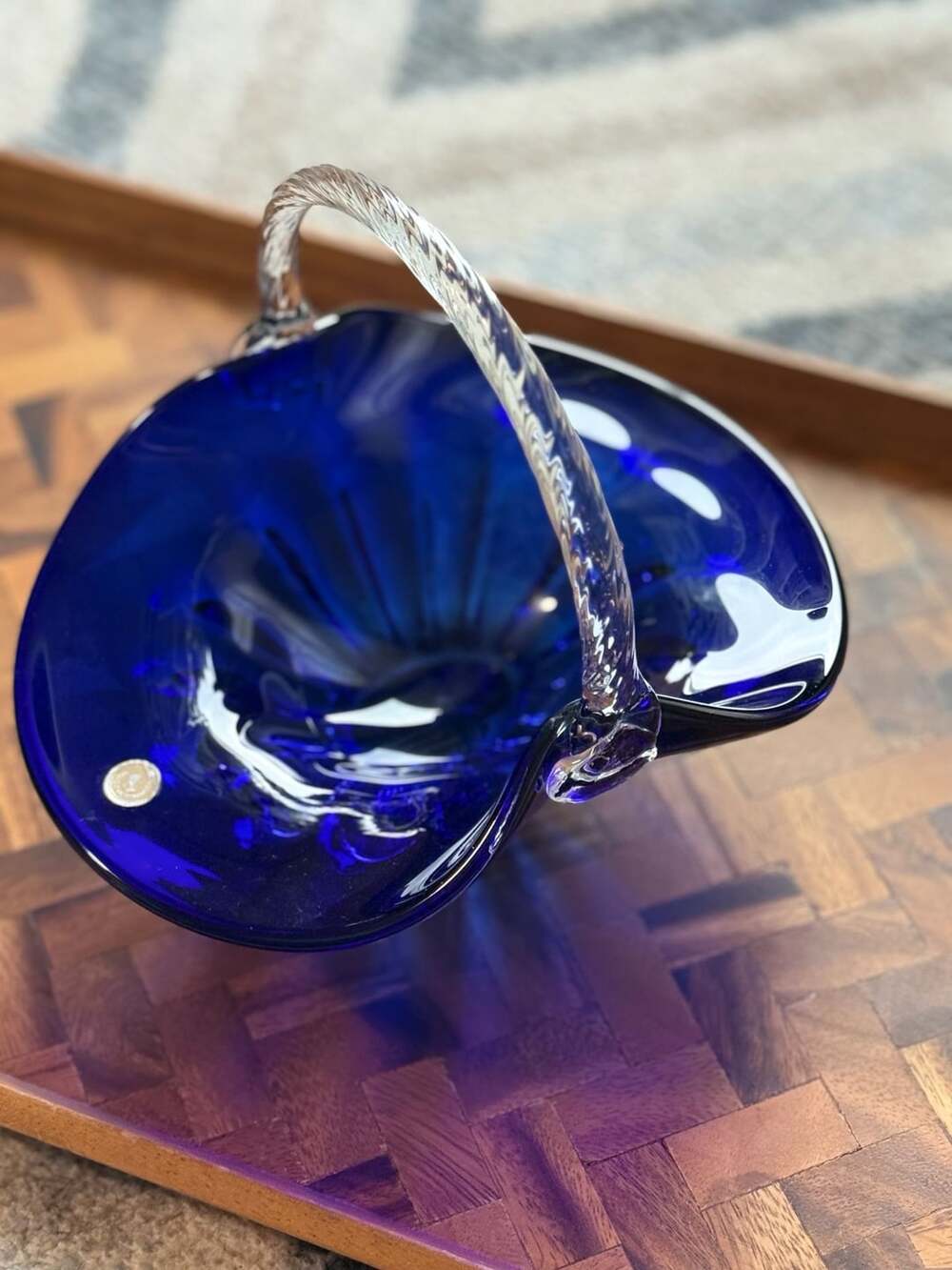 Romanian Art Glass Cobalt Blue Hand Blown Basket Twisted Handle